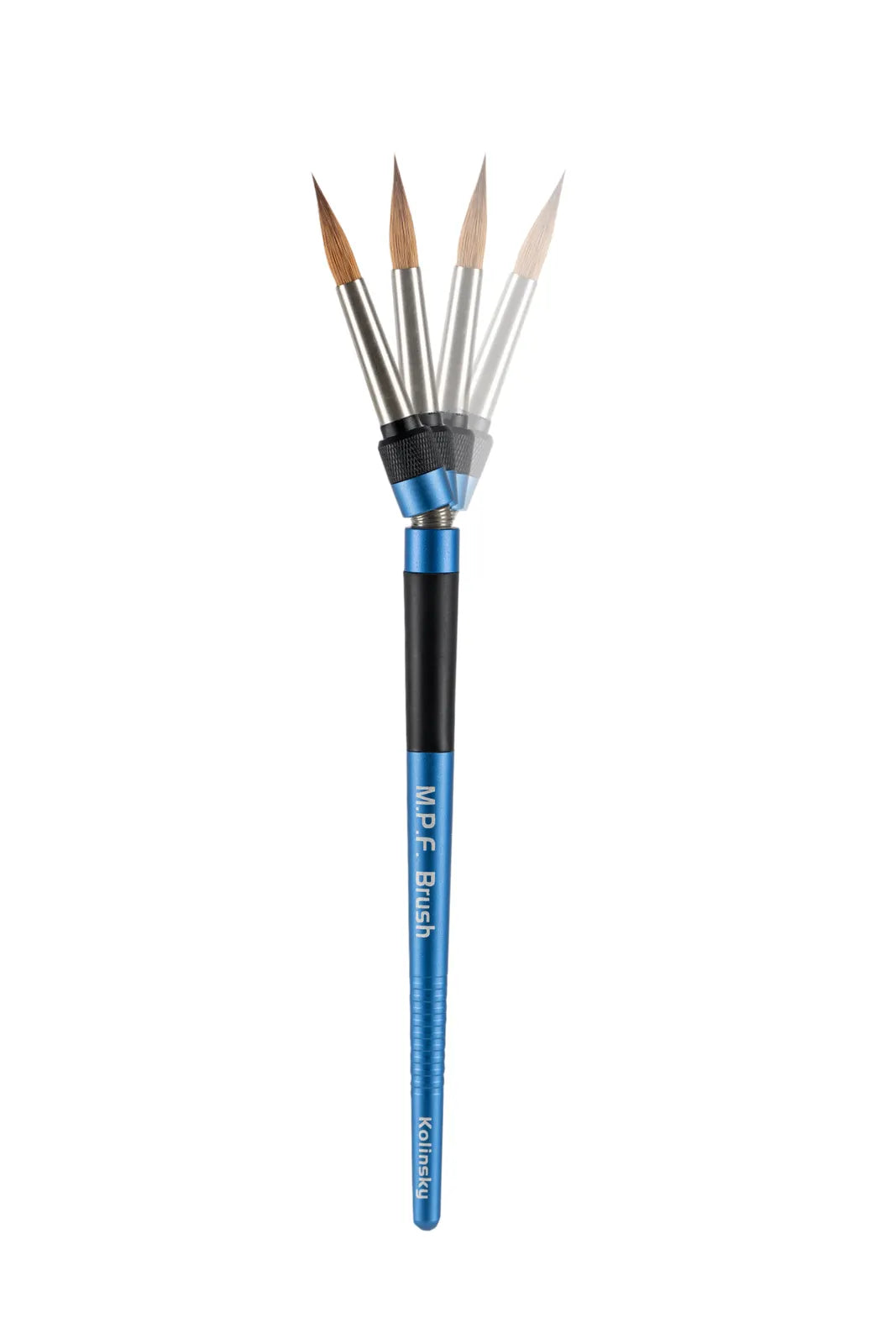 One spring-activated MPF handle with its replacement Kolinsky tips fanned out
